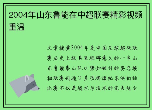 2004年山东鲁能在中超联赛精彩视频重温