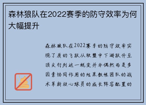 森林狼队在2022赛季的防守效率为何大幅提升